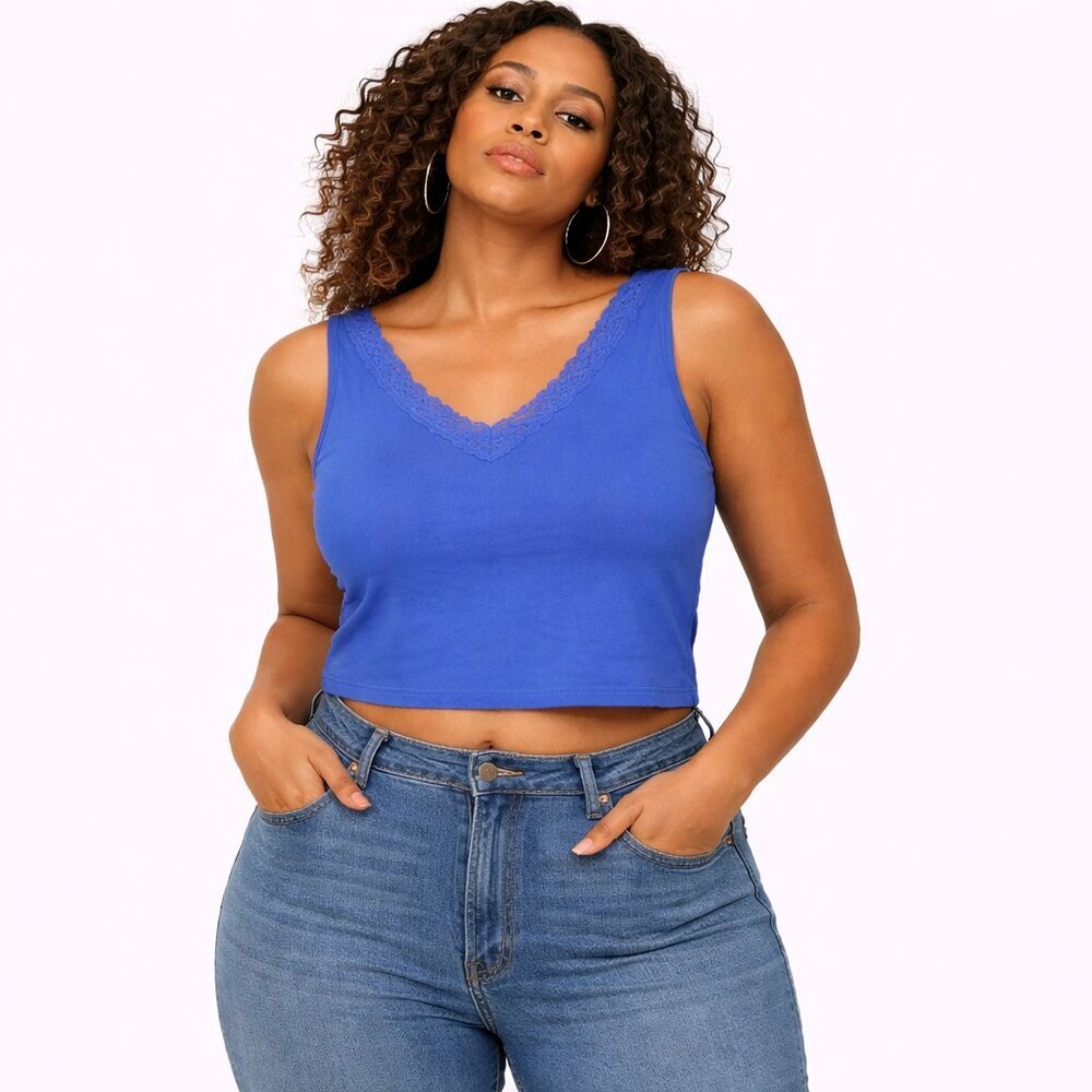 White Stag Blue Cotton V-Neck Cropped Tank Top Size XL Lace Trim Sleeveless
